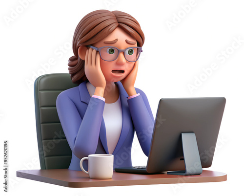 A tired woman sitting at a table in front of a laptop. She's propping her head on her hand, maybe resting or taking a break.