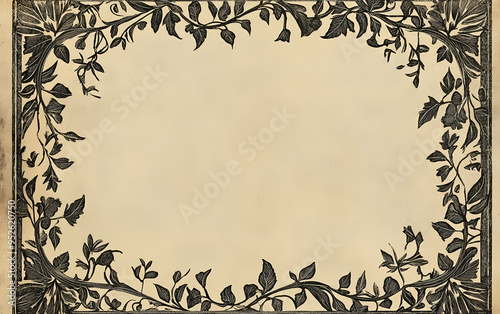 Vintage ornate leaf border with intricate medieval manuscript design in monochrome, featuring detailed craftsmanship, scrollwork, and classic decorative patterns for retro and antique illustrations