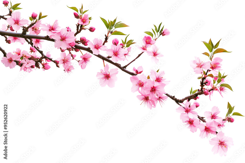 Branch of a peach tree with vibrant pink flowers on a corner border, blooming on a transparent background Branch of a peach tree with vibrant pink flowers on a corner border, blooming on a transparent background