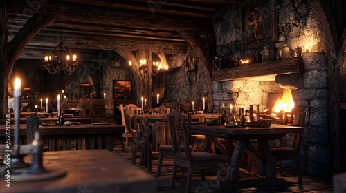 Warm medieval tavern with wooden tables and candlelight beside a roaring fireplace Cozy with rich wood tones soft flickering light realistic 3D rendering