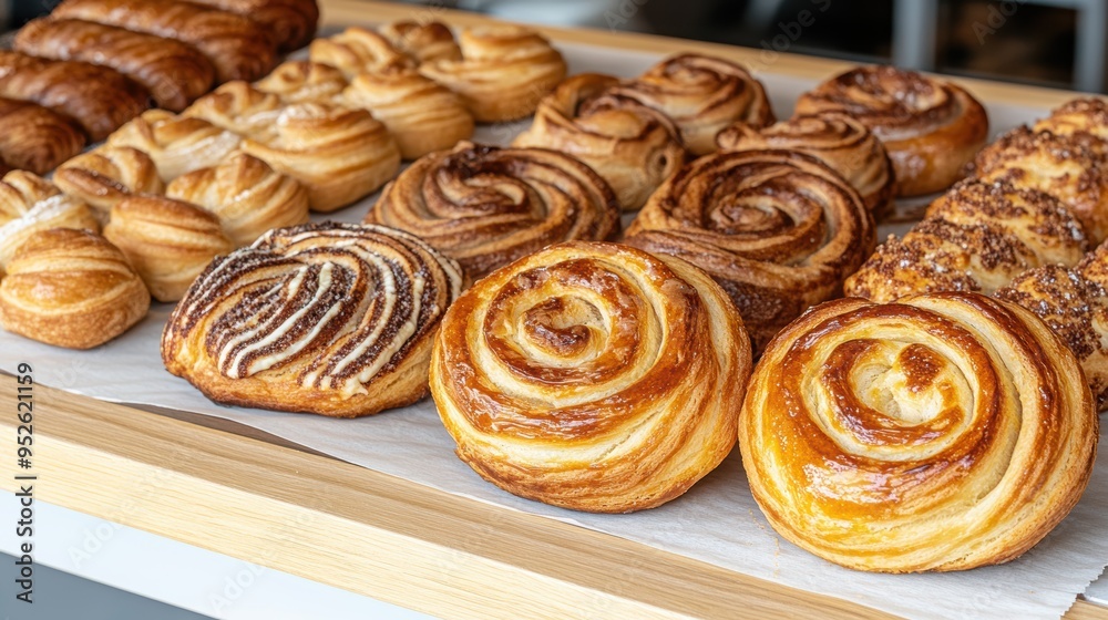 Delicious assortment of freshly baked pastries displayed on a wooden counter, perfect for breakfast or dessert lovers. Delicious assortment of freshly baked pastries displayed on a wooden counter, perfect for breakfast or dessert lovers.