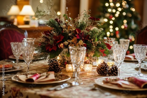 Festive Christmas Table Setting with Poinsettias and Pine Cones