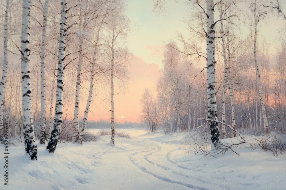 Fototapeta premium Snow-Covered Birch Forest at Sunset