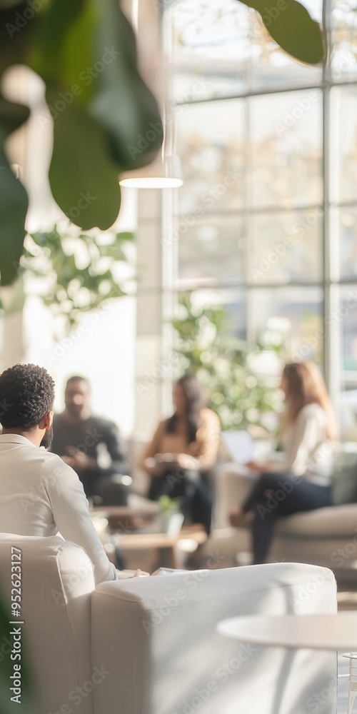 Group of people collaborating together in a modern office, defocused background