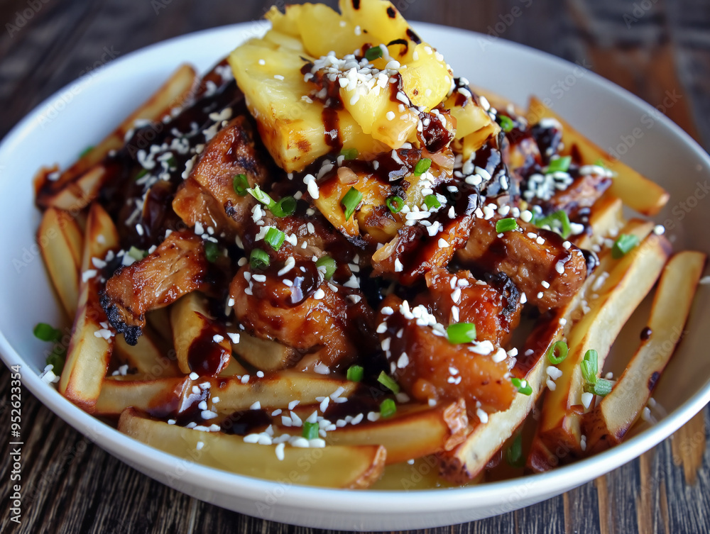 A plate of food with a lot of sauce and meat on top of it. The sauce is brown and the meat is brown as well A plate of food with a lot of sauce and meat on top of it. The sauce is brown and the meat is brown as well