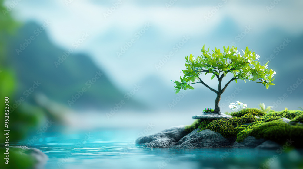 Fototapeta premium Tranquil Tree on a Serene Lake with Green Mossy Rocks