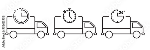 Set of three line art icons featuring a delivery truck with clock symbols representing timely delivery and express shipping services
