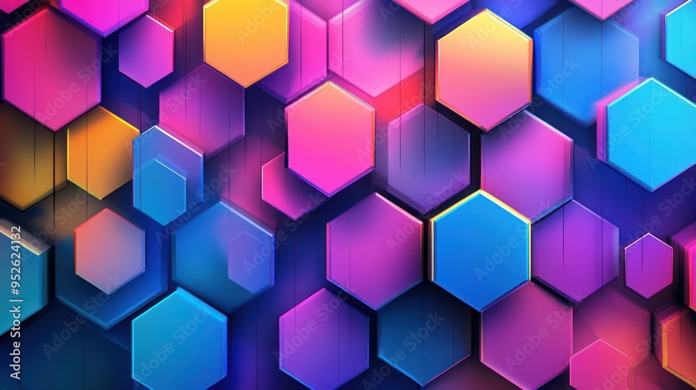 Abstract Geometric Pattern of Hexagons in Pink, Blue, and Orange Hues Abstract Geometric Pattern of Hexagons in Pink, Blue, and Orange Hues