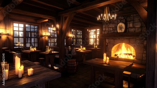 Warm medieval tavern featuring candle-lit tables and a roaring fireplace Cozy with rich wood tones and soft flickering light detailed 3D rendering