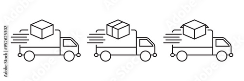 Icons of delivery trucks with motion lines and boxes, perfect for representing express, quick, and speedy delivery services