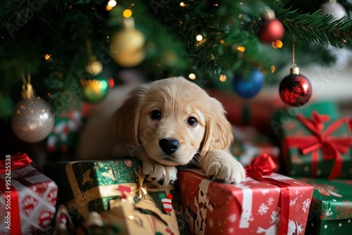 Golden Retriever Puppy Resting Under Christmas Tree with Presents