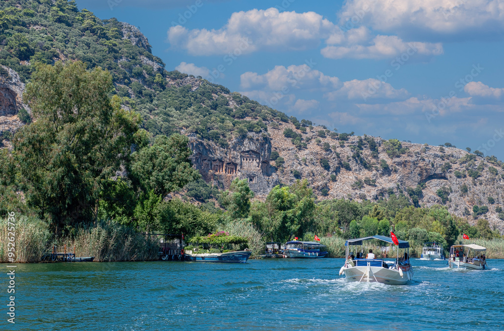 Boats carrying holidaymakers from Dalyan district of Mugla, Türkiye to Iztuzu Beach.