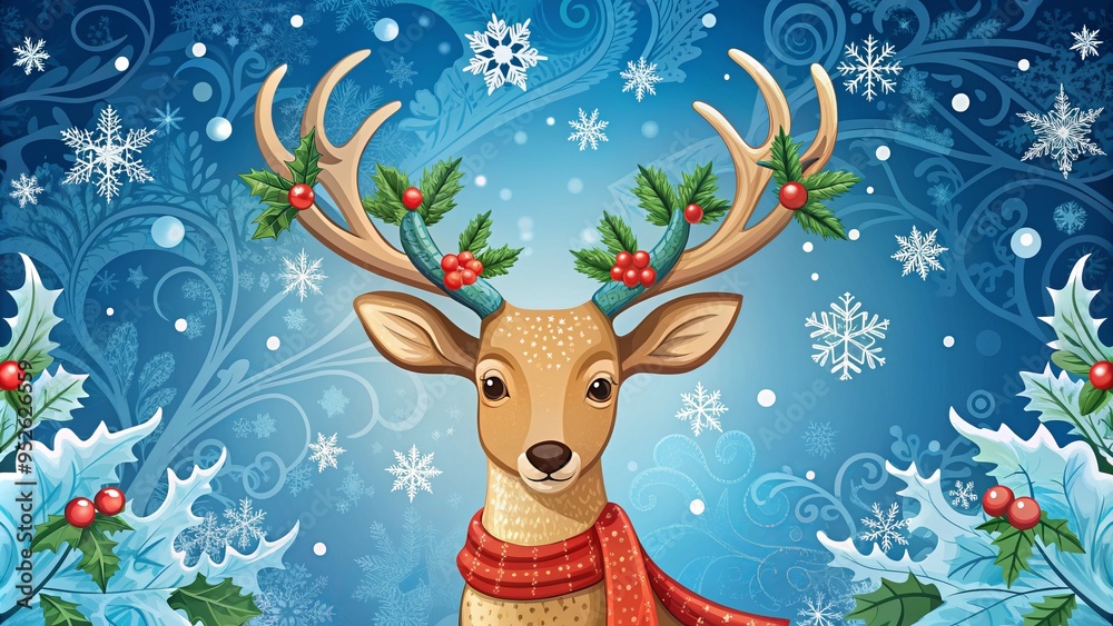 Fototapeta premium Whimsical illustration of a reindeer wearing a festive holly-patterned scarf, set against a bright blue background with stylized snowflakes and swirling winter elements.