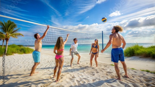 young adult friends playing beach volleyball