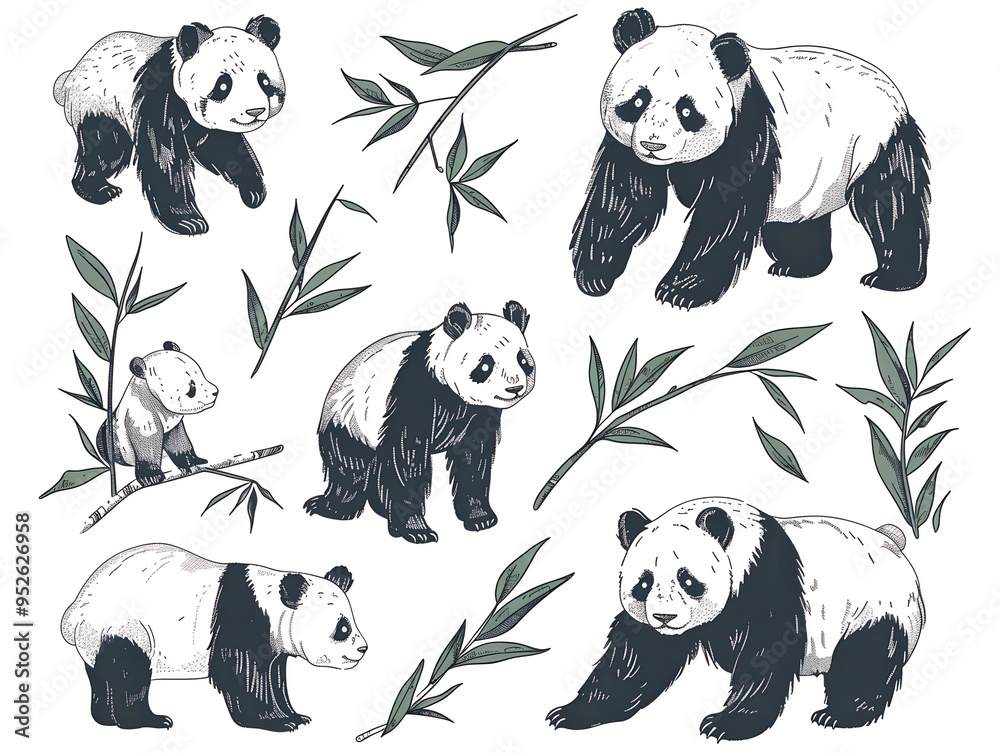 Obraz premium Set of various panda illustration on white. AI generated