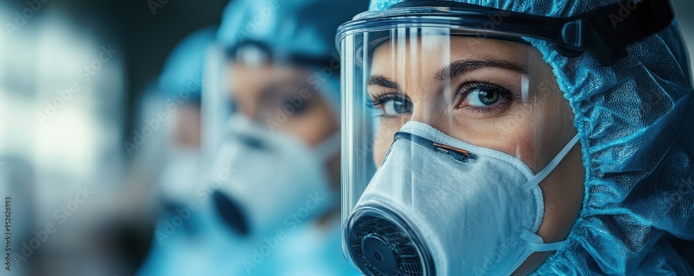 A focused healthcare worker wearing protective gear, highlighting dedication and vigilance in patient care during challenging times. A focused healthcare worker wearing protective gear, highlighting dedication and vigilance in patient care during challenging times.