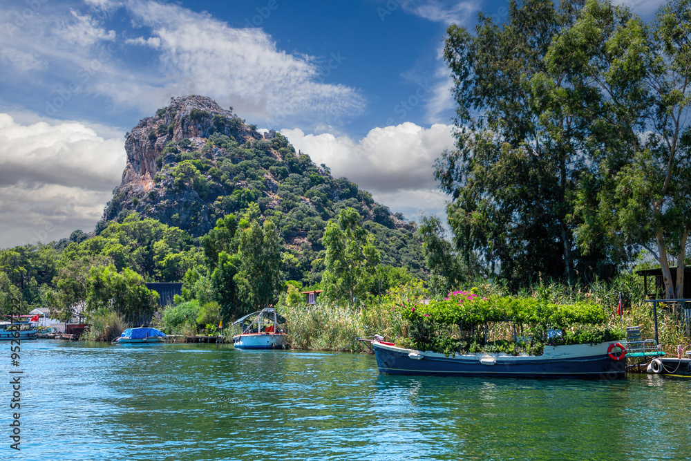 Türkiye - Tour boats in the Azmak river in the Dalyan district of Mugla.