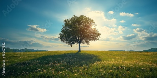 A solitary tree in a sunlit meadow with a bright blue sky and puffy clouds, embodying solitude and serenity.