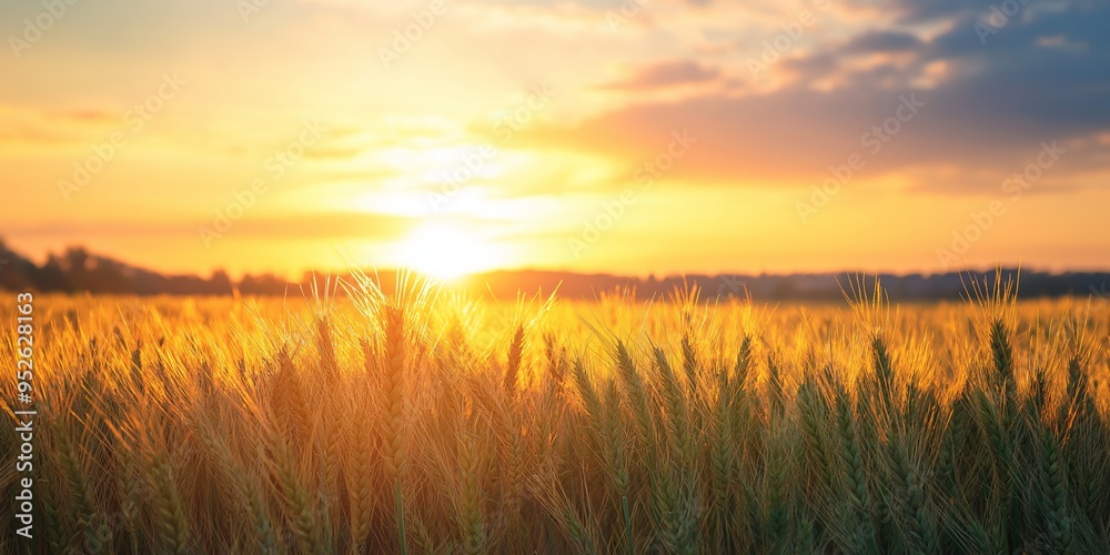 A serene field of wheat bathed in the golden hues of a setting sun, capturing the tranquility of a rural landscape. A serene field of wheat bathed in the golden hues of a setting sun, capturing the tranquility of a rural landscape.