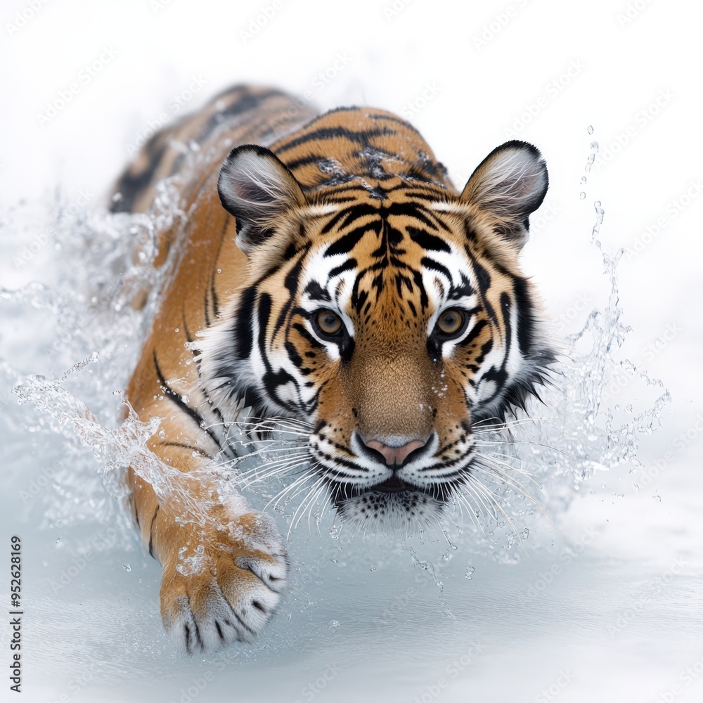 Obraz premium A majestic tiger splashing through water, showcasing its strength and beauty in a dynamic and captivating pose.