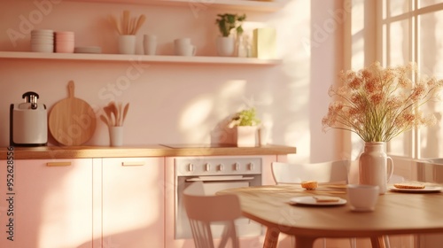 Sunlit Kitchen with Wooden Table, Dried Flowers, and Pink Cabinets