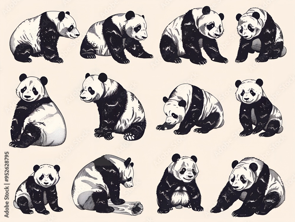 Obraz premium Set of various panda illustration on white. AI generated