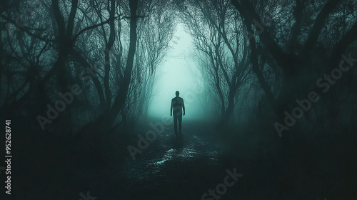 Surreal Spooky Dark Forest at Night with Man's Silhouette