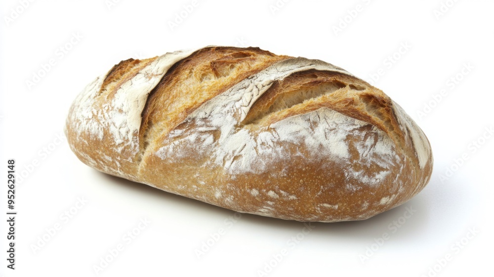 Artistic shot of a loaf of bread with a dusting of flour on the crust, set against a bright white background, emphasizing its freshness and simplicity. Artistic shot of a loaf of bread with a dusting of flour on the crust, set against a bright white background, emphasizing its freshness and simplicity.