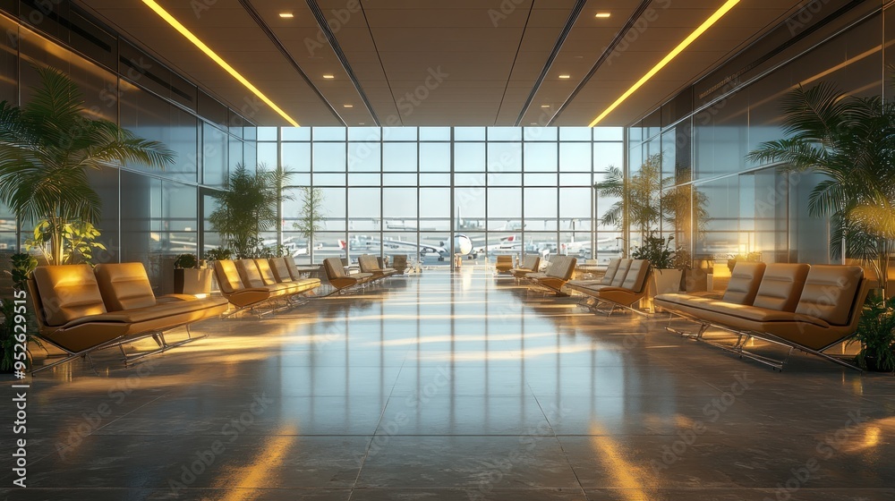 An empty airport lounge with comfortable seating and modern amenities. Emphasis on bright lighting, clean design, and relaxing atmosphere. An empty airport lounge with comfortable seating and modern amenities. Emphasis on bright lighting, clean design, and relaxing atmosphere.