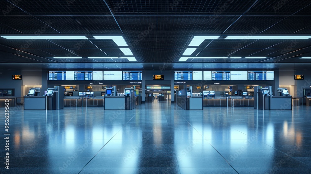An empty airport check-in area with counters and self-service kiosks. Emphasis on bright lighting, organized layout, and modern design.