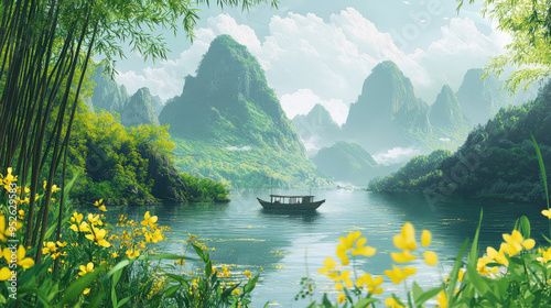 A serene landscape featuring lush mountains, a tranquil river, and a solitary boat surrounded by vibrant flowers and bamboo. photo