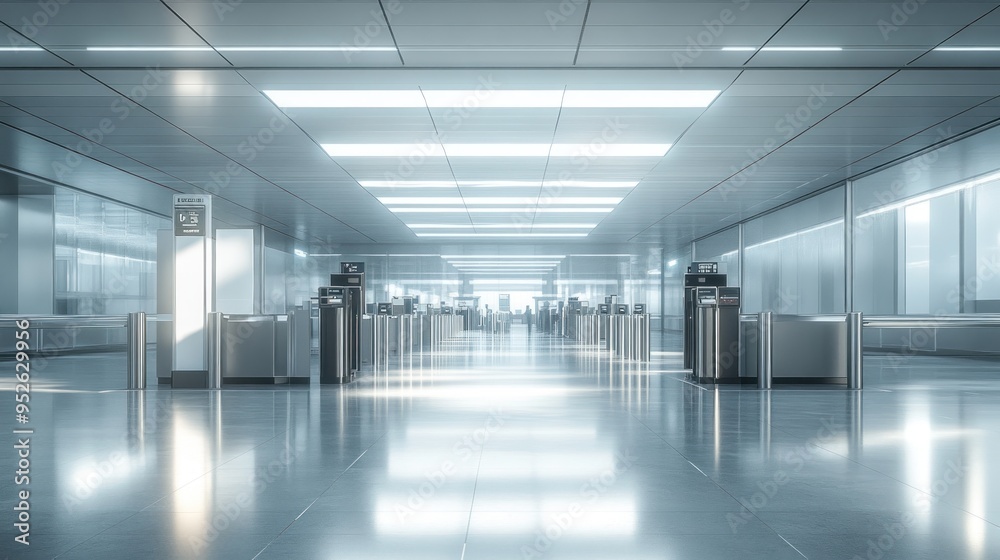 An airport security checkpoint with equipment and no passengers. Focus on bright lighting, clean environment, and modern technology. An airport security checkpoint with equipment and no passengers. Focus on bright lighting, clean environment, and modern technology.