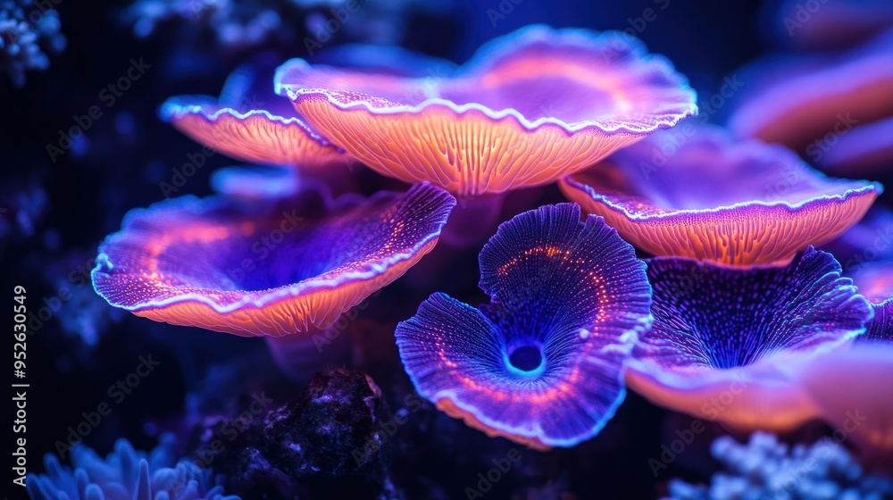 Fluorescent mushroom corals isolated on black background. Bright glow and unique texture. Fluorescent mushroom corals isolated on black background. Bright glow and unique texture.