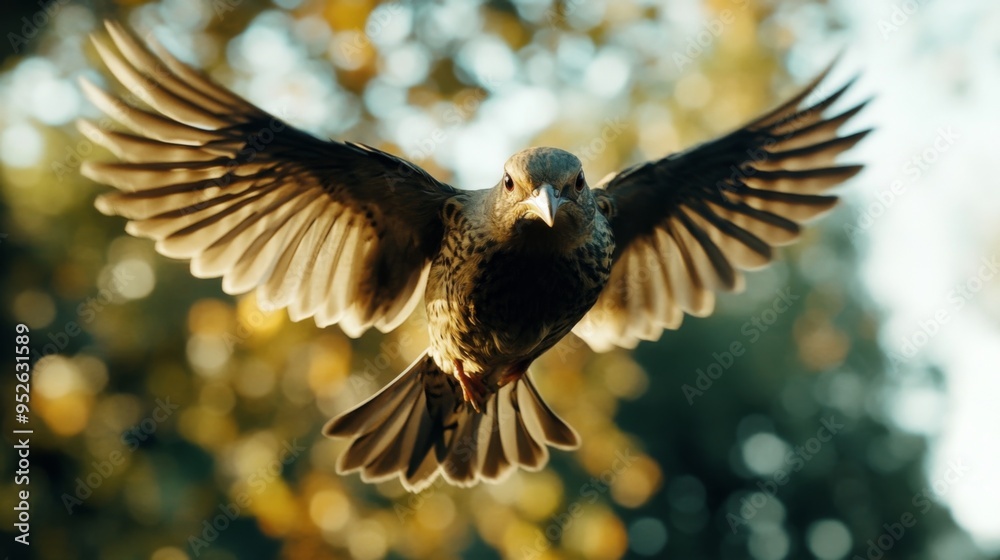 Naklejka premium Bird in mid-flight with a close-up view of its head and wings, set against a blurred background of trees or open sky for a dynamic shot.