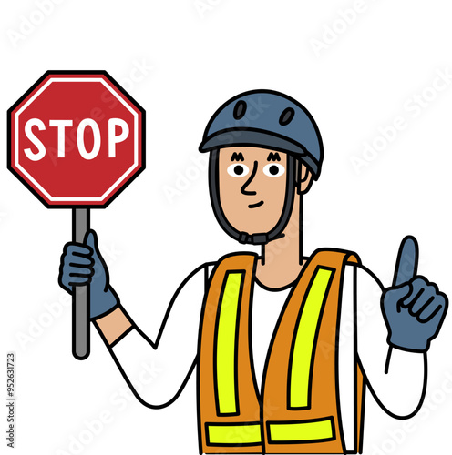 Man wearing a helmet and holding a stop sign gesturing with her finger.eps photo