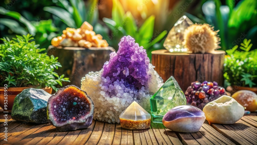 A beautiful arrangement of sparkling crystals, geodes, and minerals adorn a rustic wooden table top, surrounded by lush greenery and soft, diffused natural light. A beautiful arrangement of sparkling crystals, geodes, and minerals adorn a rustic wooden table top, surrounded by lush greenery and soft, diffused natural light.