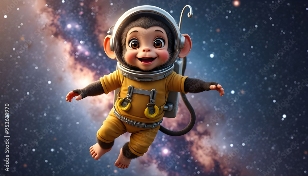 Adorable Baby Monkey Astronaut Floating Joyfully in Outer Space Adorable Baby Monkey Astronaut Floating Joyfully in Outer Space