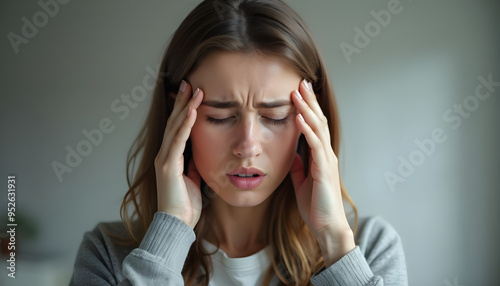 Young Woman Holding Head in Pain Due to Severe Headache at Home