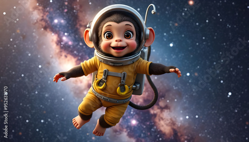 Adorable Baby Monkey Astronaut Floating Joyfully in Outer Space