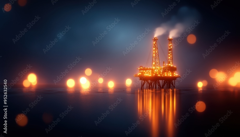 Obraz premium A dramatic view of an offshore oil rig illuminated at night, surrounded by a serene ocean, highlighting industrial beauty and energy.