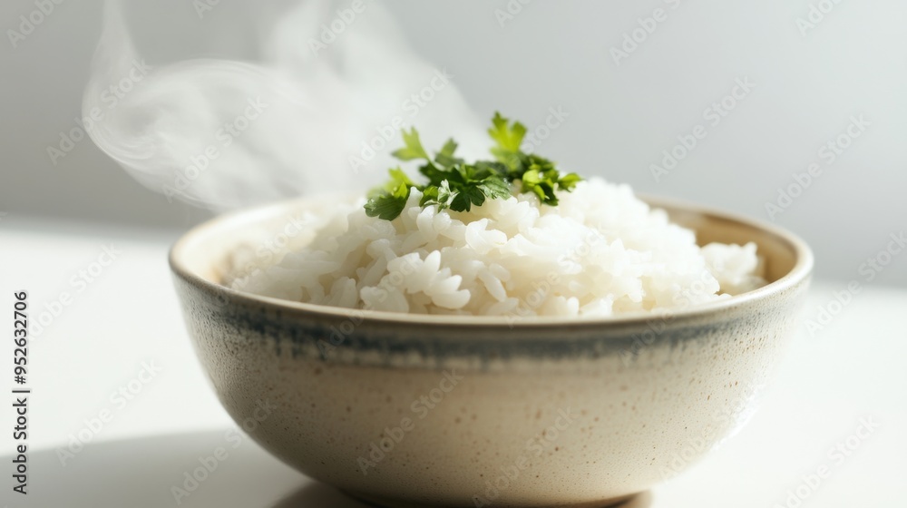 Bowl of steaming white rice with a small garnish of green herbs, placed on a white background. The steam is gently rising, adding warmth to the image. Bowl of steaming white rice with a small garnish of green herbs, placed on a white background. The steam is gently rising, adding warmth to the image.
