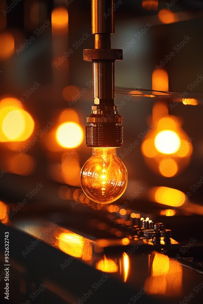 A glowing light bulb hangs elegantly against a backdrop of warm lights, creating a cozy and inviting atmosphere. A glowing light bulb hangs elegantly against a backdrop of warm lights, creating a cozy and inviting atmosphere.