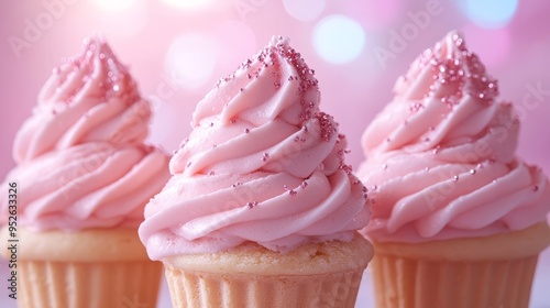 Delicate pink cupcakes topped with fluffy frosting and sparkling sprinkles invite indulgence evoking a dreamy atmosphere perfect for any special occasion