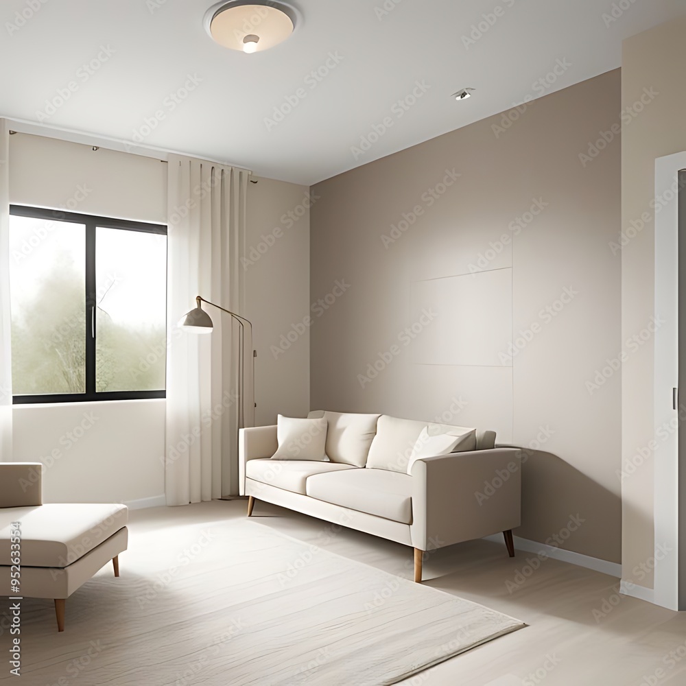 Fototapeta premium Modern living room with taupe wall, sunlight shadow.