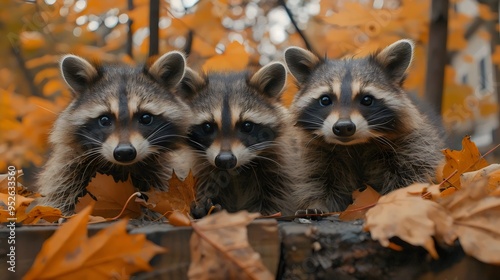 Three raccoons are sitting on a log covered in leaves