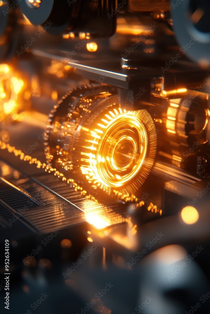 Fototapeta premium Close-up of a glowing gear in a high-tech machine, showcasing intricate design and advanced technology.