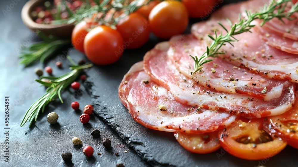Delicate slices of cured meat are beautifully arranged alongside vibrant cherry tomatoes and sprigs of fresh herbs against a textured slate background Delicate slices of cured meat are beautifully arranged alongside vibrant cherry tomatoes and sprigs of fresh herbs against a textured slate background
