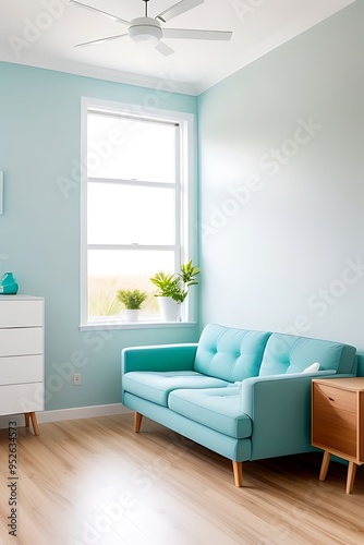 Wallpaper Mural Modern living room with light aqua walls, featuring a matching sofa, light wood flooring, and a minimalist aesthetic, creating a fresh and airy ambiance. Torontodigital.ca