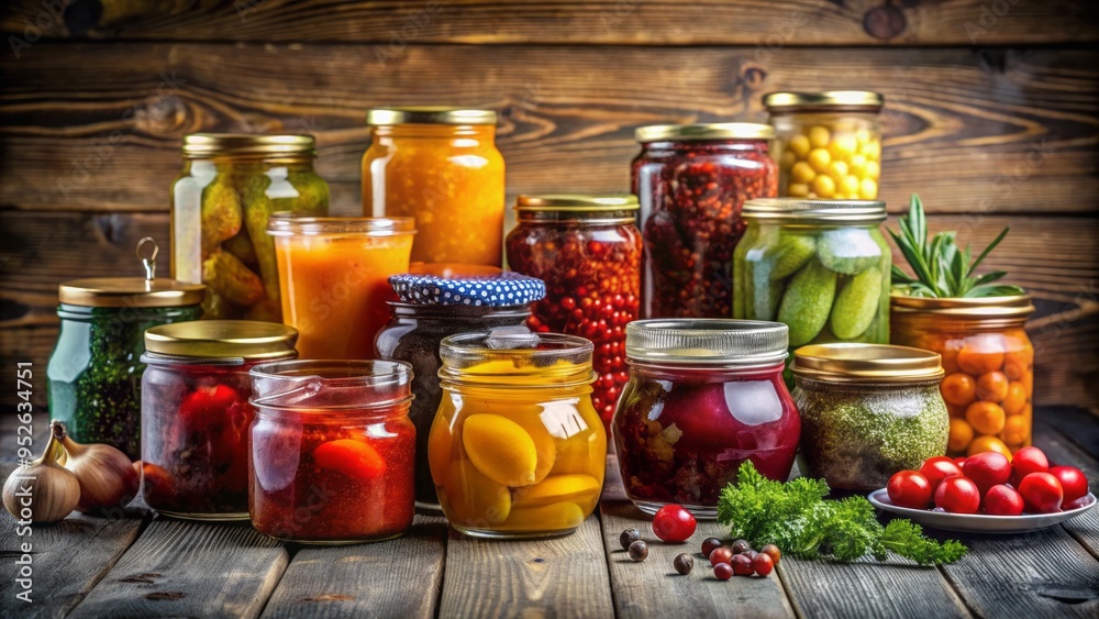 A close-up view of assorted glass jars filled with colorful homemade preserves, such as jam, honey, and pickles, isolated on a rustic wooden background. A close-up view of assorted glass jars filled with colorful homemade preserves, such as jam, honey, and pickles, isolated on a rustic wooden background.