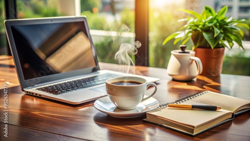 A clutter-free desk with a laptop, notebooks, and a steaming cup of coffee, ideal for a professional writing service, conveying focus and productivity.